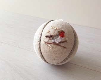 Christmas Ornament, Decoration christmas tree ball natural linen covered with cross stitch bird Robin