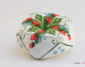 PIN CUSHION  with cross stitch strawberries