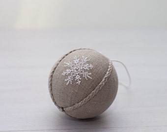 Winter wedding favors, Christmas tree ornament, rustic ornament, natural linen rustic decor covered with cross stitch white snowflake