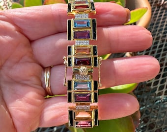 Art Deco Multi Gemstone Black Enamel 18kt Gold Over Sterling Silver  Bracelet 7”