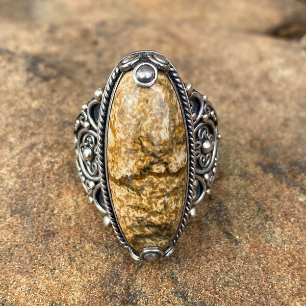 Vintage Designer BA Suarti Bali Jasper Filigree Sterling Silver Ring Size 9