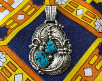Jessie Claw Navajo Turquoise Squash Blossom Sterling Silver Pendant