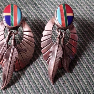 Navajo Sterling Silver Multi Stone Inlay Feather Earrings