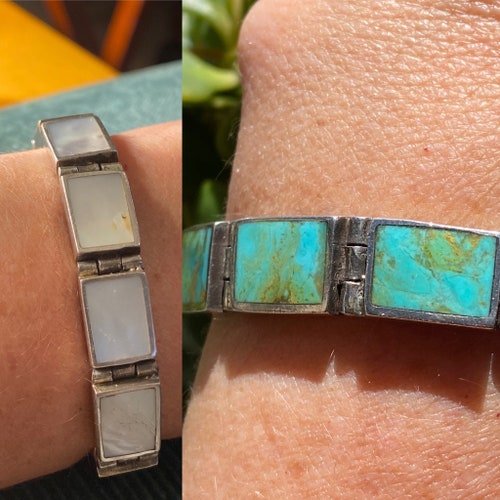 Reversible Vintage Sterling Silver Turquoise and shops Mother of Pearl Bracelet Signed