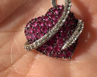 Ruby and White Sapphire Heart Pendant Sterling Silver Lab Created Stones