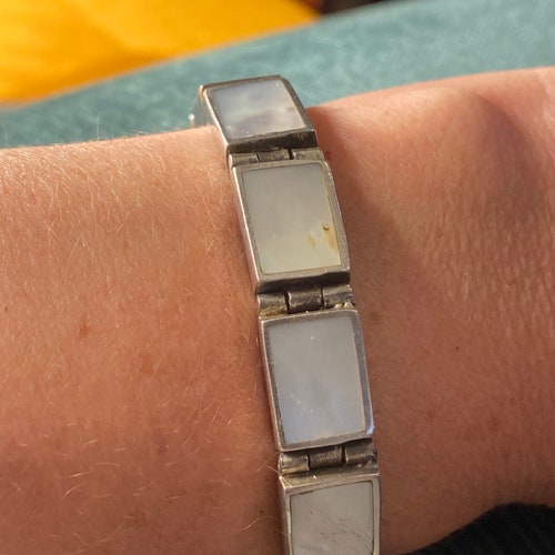 Reversible Vintage Sterling Silver Turquoise and shops Mother of Pearl Bracelet Signed