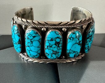 Vintage Turquoise Sterling Silver Cuff Bracelet Signed TL