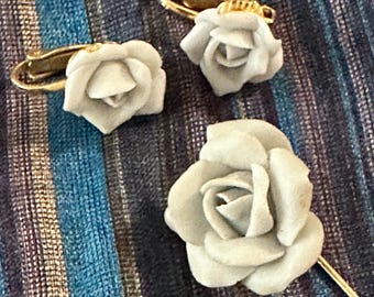 Vintage Blue Rose Stick Pin Clip on Earring Set
