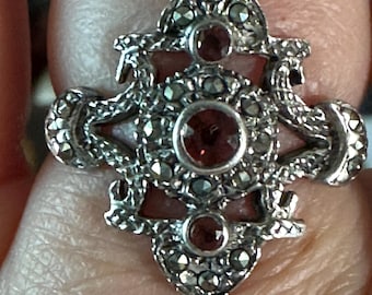 NF Garnet Marcasite Sterling Silver Ring Size 7.75