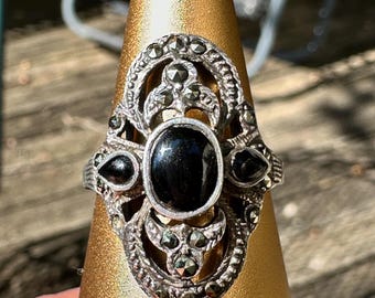 NF Onyx Marcasite Sterling Silver Onyx Ring Size 7.75