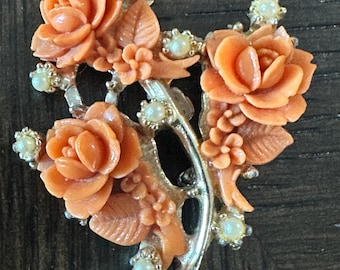 Vintage Faux Coral Celluloid Rose Brooch With Faux Pearls