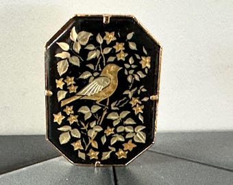 Spanish Damascene Brooch featuring a bird and floral scene