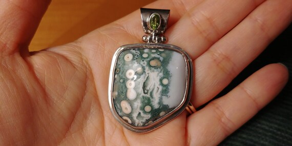 Vintage Sterling Silver Green and White Agate wit… - image 4
