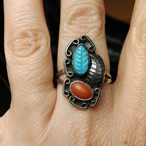 Vintage Navajo Sterling Silver Squash Blossom Ring of Natural Coral and Carved Turquoise Size 6.5