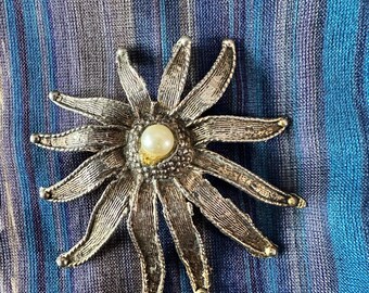 Vintage AJC Flower Brooch Faux Pearl Goldtone