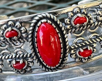 Carolyn Pollack Red Jasper Coral Sterling Silver Cuff Bracelet Southwestern
