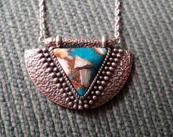 Sterling Silver Turquoise Copper and Quartz Triangle Design Necklace 35" Signed