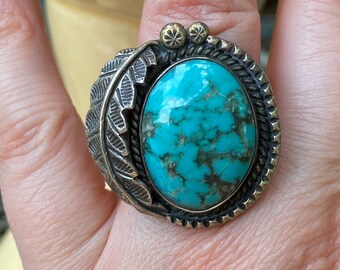 Native American Sterling Silver Turquoise Squash Blossom Ring Size 6 Signed Ashley