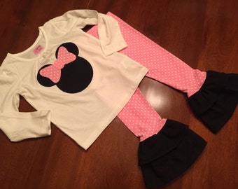 Size 3T and 4T- Minnie Mouse inspired shirt with matching ruffle pants- tank top, short sleeves or long sleeves. pant or capri length