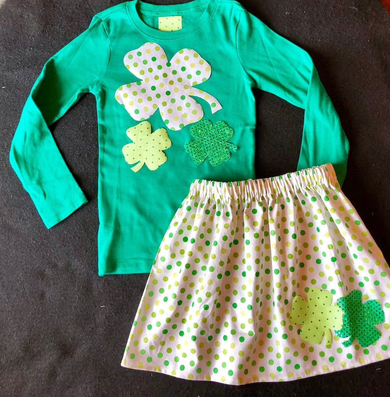 Custom St Patrick/'s Day outfit appliqued 4 leaf clover shirt and matching polka dot print twirly skirt with clovers