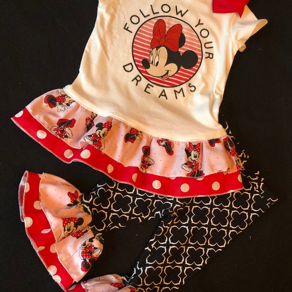 RTS- size 18 mo., 24 mo. and 2T- adorable Minnie Mouse Follow your Dreams 3 piece outfit- double ruffle tee and pants and bow