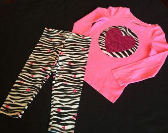 SALE Size 4 and 5 READY to SHIP Custom Valentine's Zebra sparkly heart shirt with matching zebra heart capri-length leggings