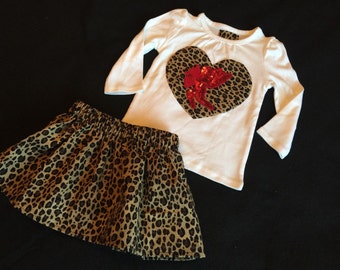 Baby/Toddler/Girls boutique Valentine's Day Cupid and leopard print shirt and skirt- outfit