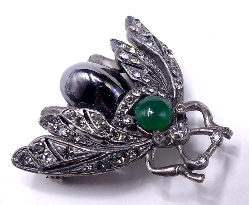 Vintage 30's silver tone & rhinestone bug pin brooch image 1