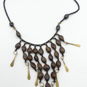 Vintage mini black beads chain & plant seed beads pendant necklace