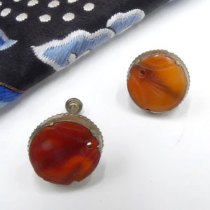Antique Chinese marked gold over sterling silver w carnelian round screw back earrings