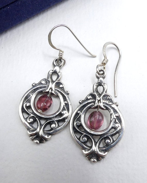 Vintage sterling silver & tourmaline hoop earrings