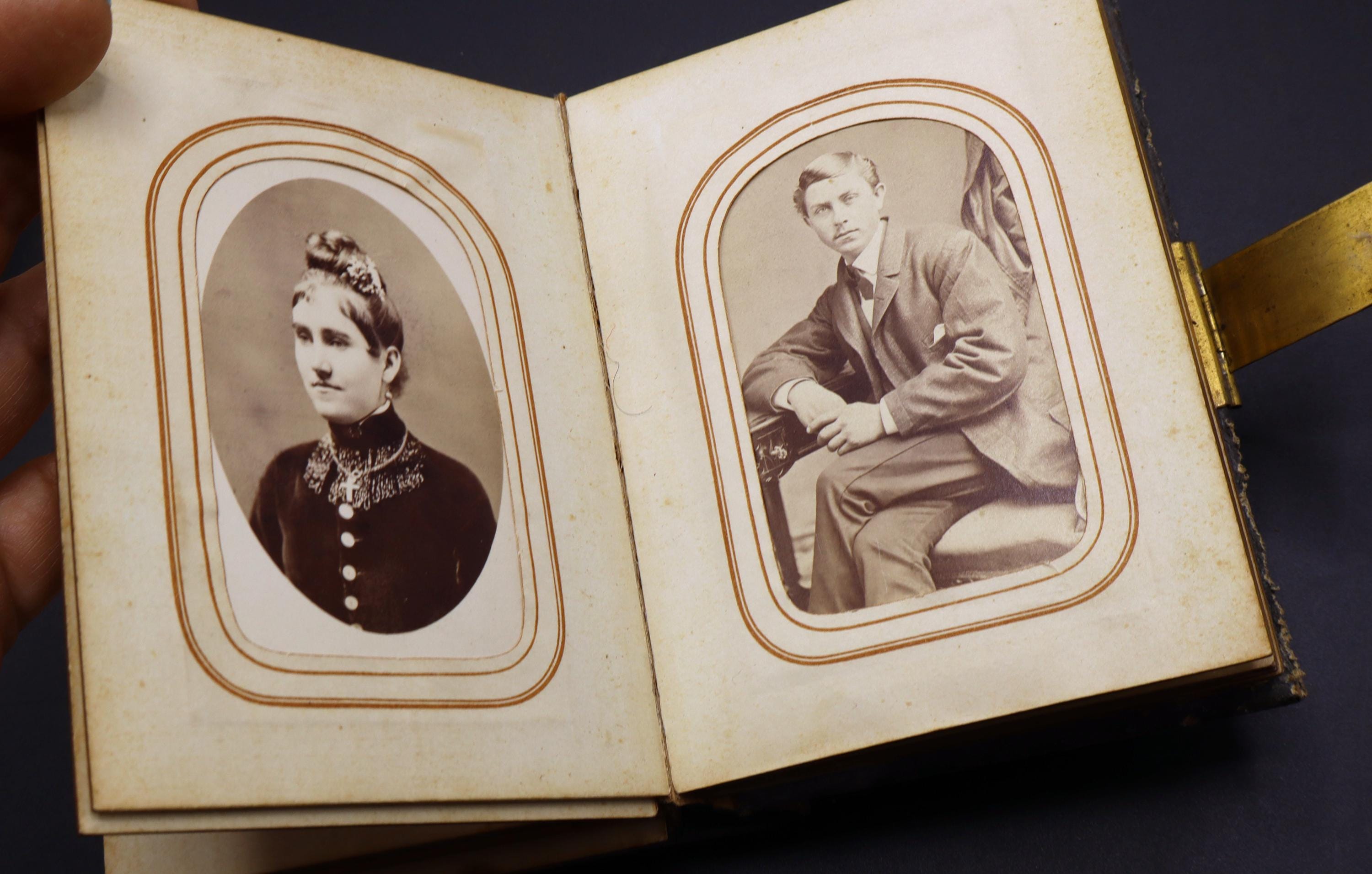 Antique Victorian Brown Leather Photo Album W Photos & Brass