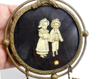 Antique Victorian frame miniature carving celluloid boys w girl