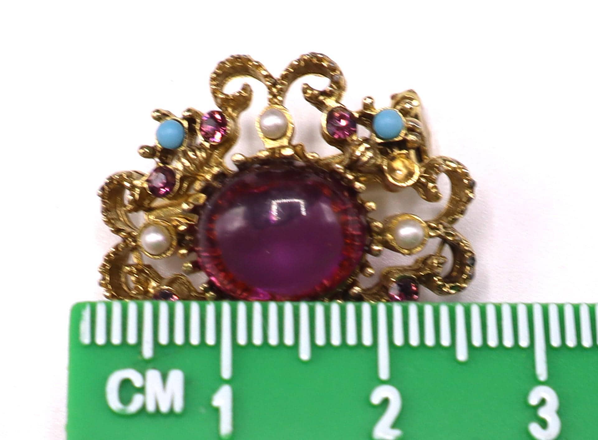 Broche Vintage Orée Cabochon Pierre Turquoise Avec Pampille Et Perle - Modèle 4544