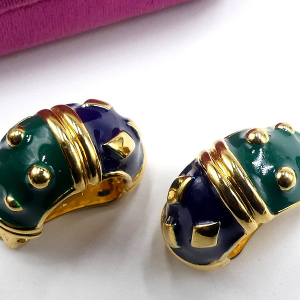 Vintage signed Bijcux Cascio gold tone & enamel clip on earrings