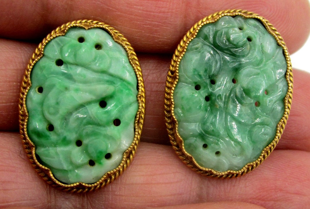 Antique Vintage Chinese Clips on 14k Gold & Carved Oval Jade Earring 11 ...