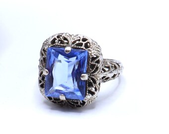 Antique marked sterling silver filigree & blue glass ring size 5.5