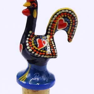 Vintage natural cork & ceramic Portugal rooster bottle stopper 4&quot;3/8 tall  ( a )