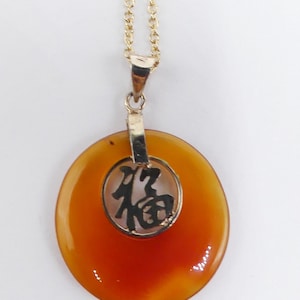 Vintage gold over sterling silver chain & carnelian Chinese Luck pendant necklace
