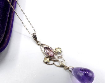 Vintage 14k gold chain & antique 10k gold gemstone amethyst pendant necklace