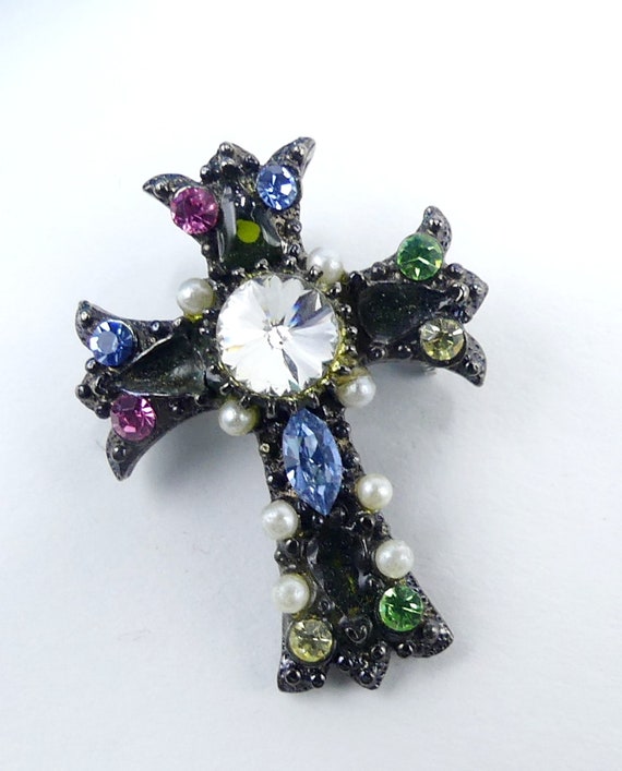 Vintage marked Samo ? dark metal & multi rhineston