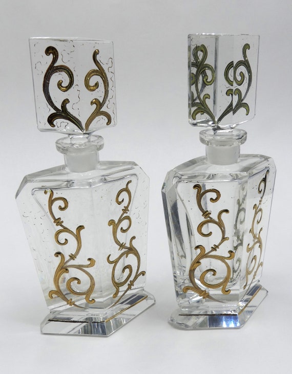 Antique French pair crystal perfume bottle w gilt… - image 1
