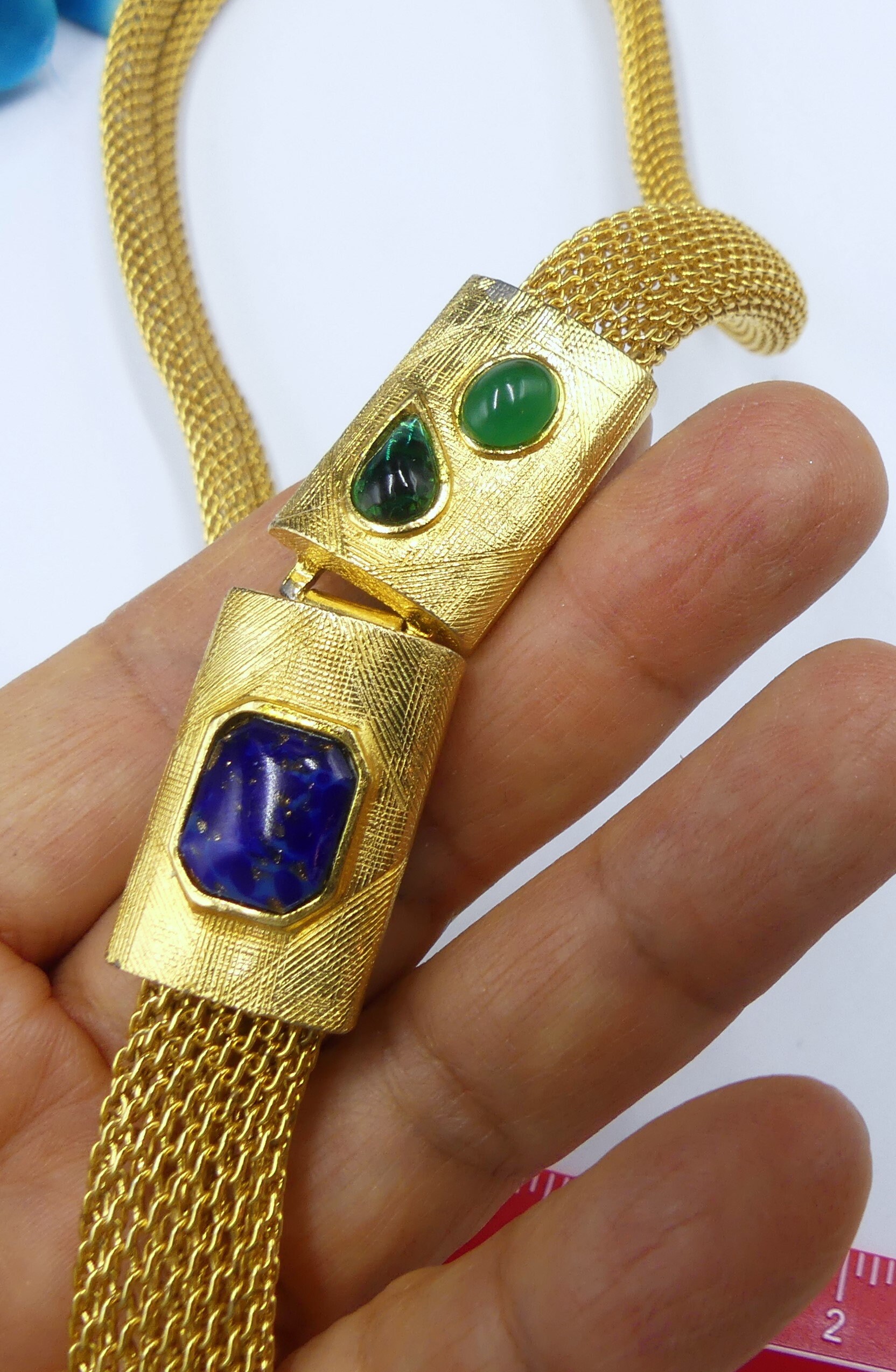 Vintage Signed Les Bernard Gold Tone & Glass Cabochon Belt 