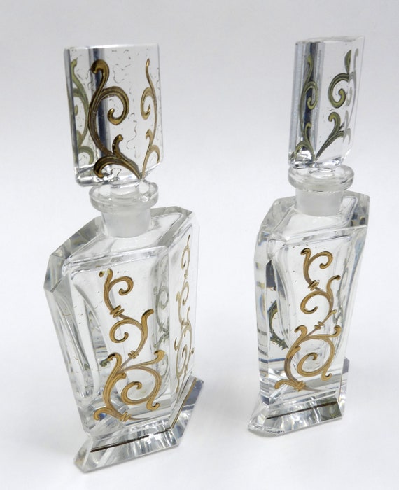 Antique French pair crystal perfume bottle w gilt… - image 2