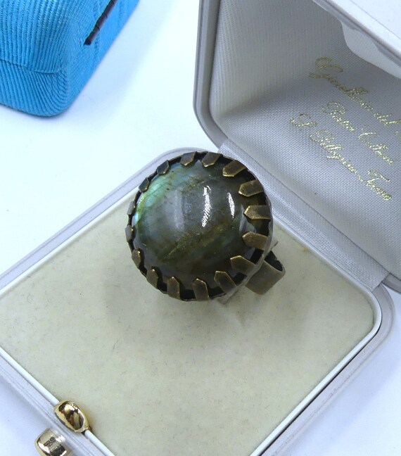 Vintage adjustable brass w labradorite cabochon r… - image 3