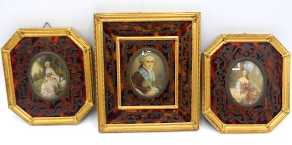 Antique 3 French 19th C Hand Painted Lady Men Portrait W Gold Tone