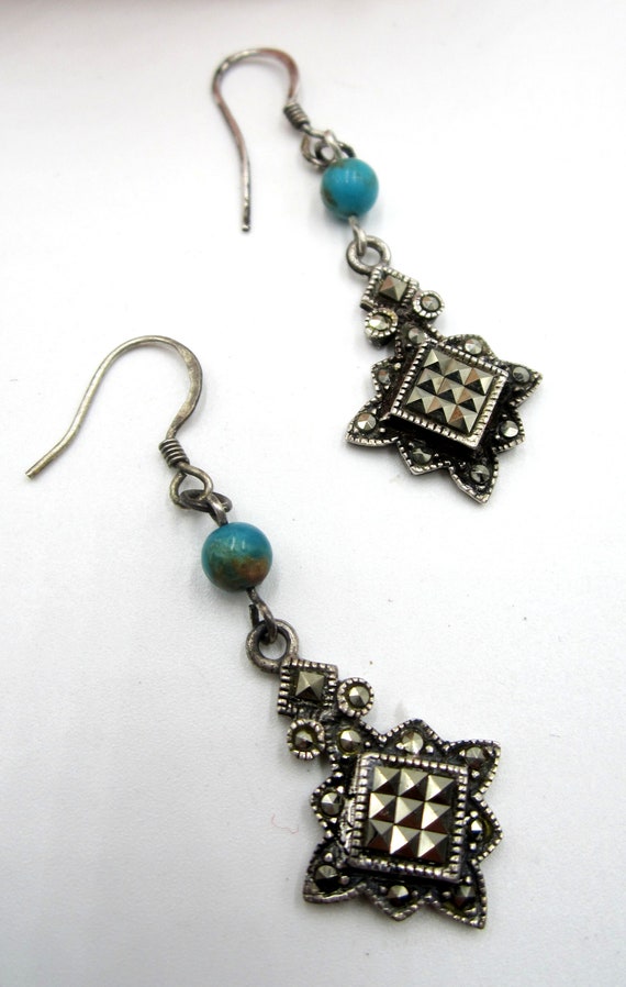 VINTAGE SILVER 925刻印 ターコイズ マーカサイト装飾 ピアス VINTAGE SILVER 925刻印 ターコイズ マーカサイト装飾 ピアス メンズ