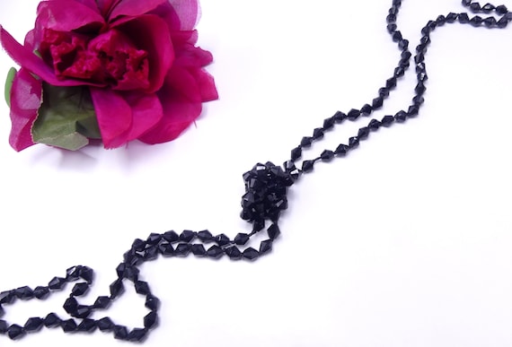 Vintage 30's long faceted black glass beads neckl… - image 1