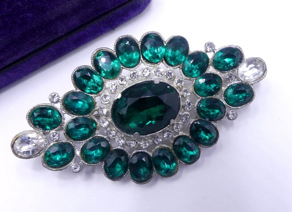 Vintage 30’s silver tone & green clear rhinestone… - image 2