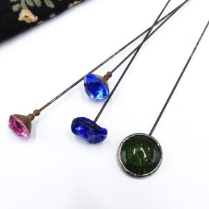 Antique a lot of 4 Victorian brass metal w art glass rhinestone hat stick pin